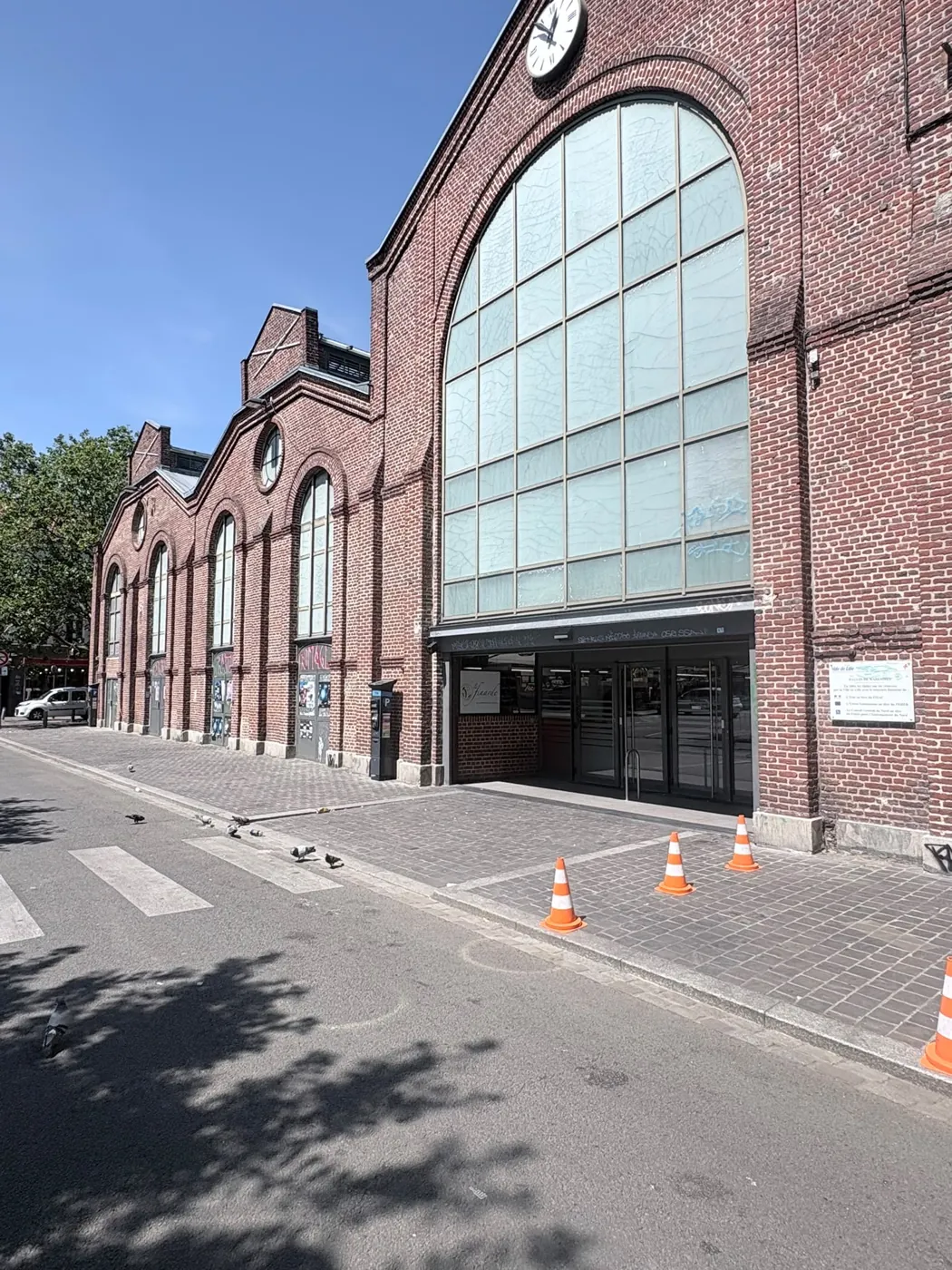 Grande baie cintrée des Halles de Wazemmes à Lille avant la pose du film solaire : anciens films laiteux et craquelés