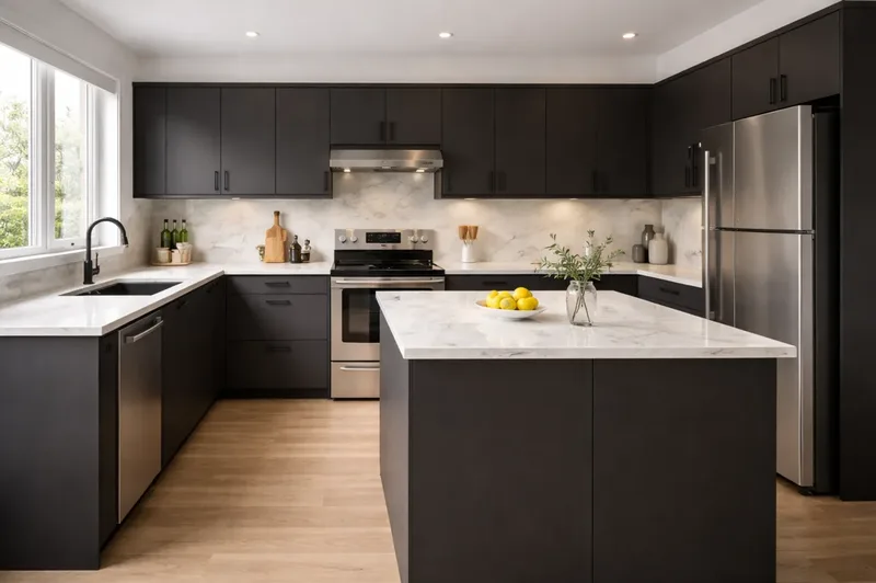 Cuisine IKEA après covering noir mat avec îlot marbre