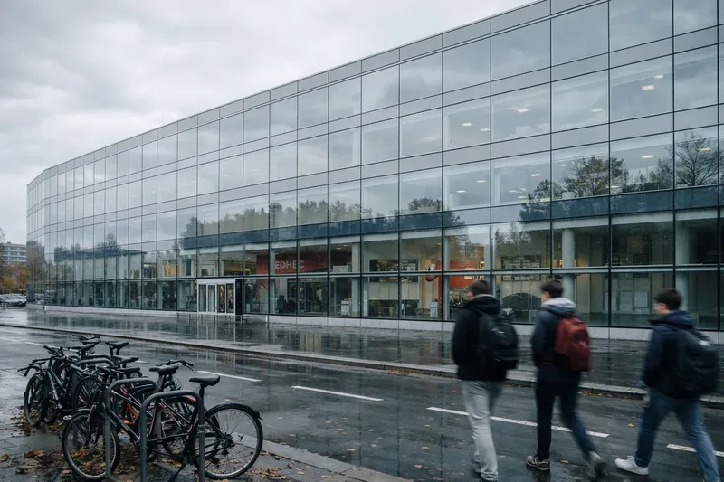 Film protection solaire sur façade vitrée de campus universitaire